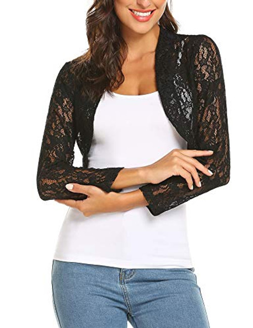 Grabsa Women's 3 4 Sleeve Lace Shrugs Bolero Cardigan Crochet Sheer Crop Jacket, Black 1, XX-Large