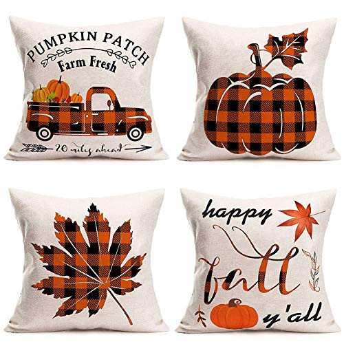 Tlovudori Happy Fall Pumpkin Buffalo Check Plaid Autumn Harvest Decorative Throw Pillow Covers Farm Fresh Truck Pumpkin Maple Cotton Linen Home Decor Pillowcase Cushion Cover 18x18,4Pack (HM-Fall ) Tlovudori Happy Fall Pumpkin Buffalo Check Plaid Autumn Harvest Decorative Throw Pillow Covers Farm Fresh Truck Pumpkin Maple Cotton Linen Home Decor Pillowcase Cushion Cover 18x18,4Pack (HM-Fall )