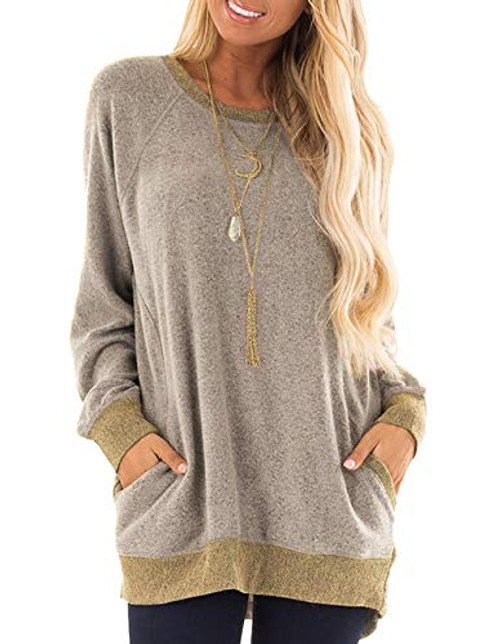 Women's Long Sleeve Tunic Tops Casual Color Block Pocket T Shirts Round Neck Blouses Sweatshirts Tops (M, Khaki) Women's Long Sleeve Tunic Tops Casual Color Block Pocket T Shirts Round Neck Blouses Sweatshirts Tops (M, Khaki)