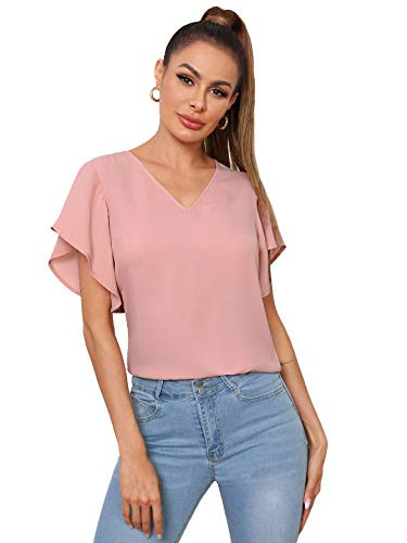 SheIn Women's V Neck Ruffle Butterfly Short Sleeve Blouse Solid Tops Shirts Dusty Pink Small
