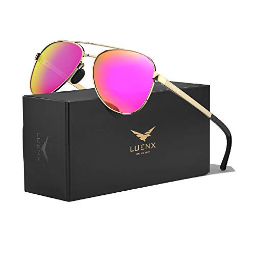 LUENX Aviator Sunglasses for Men Women Polarized - Mirrored Driving uv 400 Protection with case 60 mm(Rose Red)