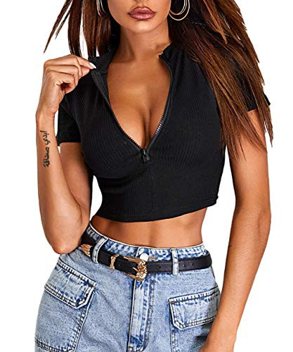 SheIn Women's Mock Neck Short Sleeve T Shirt Zipper Front Rib Knit Crop Tee Tops Black Large
