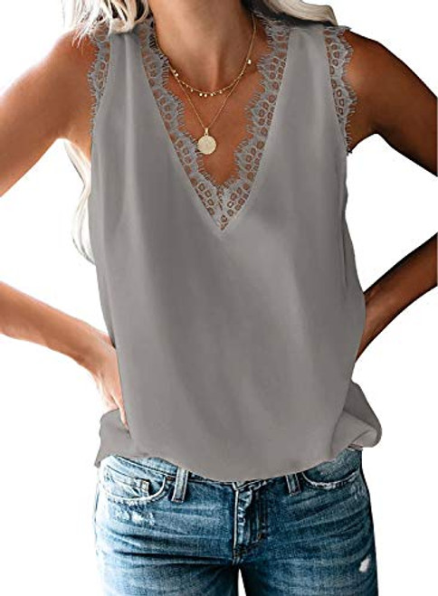 BLENCOT Women Ladies Sexy V Neck Lace Trim Tank Tops Casual Loose Sleeveless Blouse Shirts Work Gray M