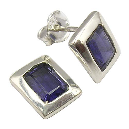 SilverStarJewel Solid Sterling Silver Violet Iolite Ear Stud Earrings 0.4 inch Gift Jewelry