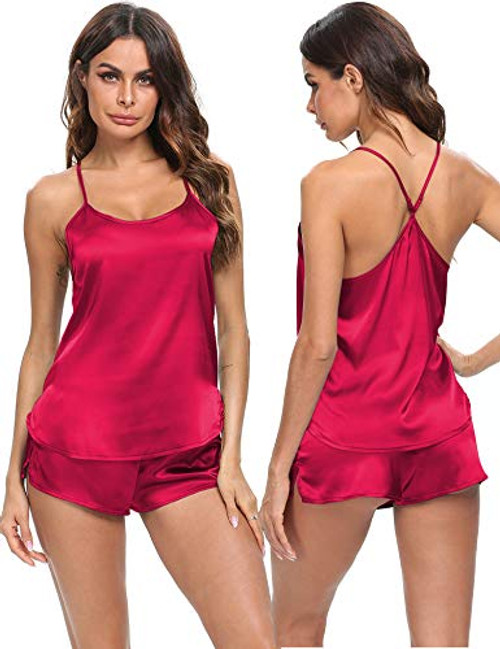 SWOMOG Women's Satin Pajama Cami Set Sexy Lingerie Silky Sleepwear Nightwear 2 Piece Pj Short Sets Red SWOMOG Women's Satin Pajama Cami Set Sexy Lingerie Silky Sleepwear Nightwear 2 Piece Pj Short Sets Red
