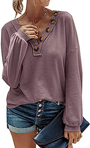 Women's Waffle V Neck Shirts Long Sleeve Loose Blouses Faux Button Slouchy Pullover Top (Purple,L)