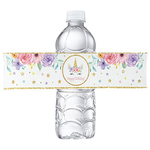 Unicorn Bottle Wraps-Happy Birthday Water Bottle Label Rainbow Unicorn Themed Party Favors, Set of 24 Waterproof Stickers