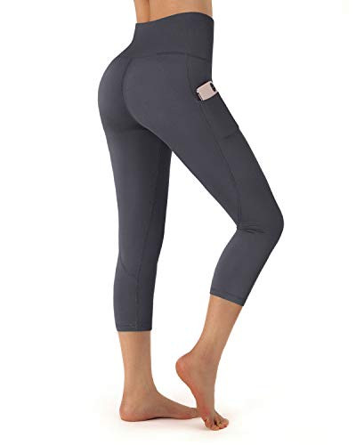 OUGES Womens High Waist Pockets Yoga Pants Power Flex Running Pants Workout Leggings(Gray 20inch,XL)