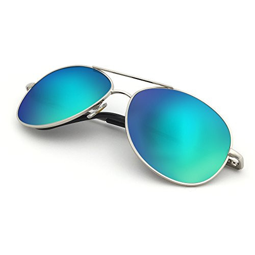 JplusS Premium Military Style Classic Aviator Sunglasses, Polarized, 100percent UV protection (Medium Frame - Silver Frame/Green Mirror Lens)