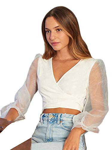 WDIRARA Women's Deep V Neck Mesh Long Sleeve Cross Wrap Shirts Rib Knit Slim Fit Crop Top White S