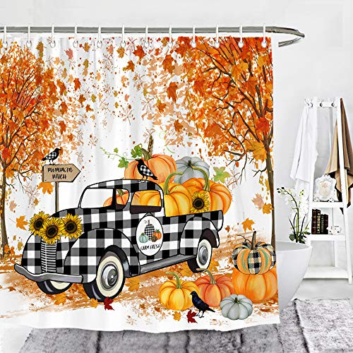 Wencal Fall Black White Buffalo Check Truck Pumpkins Shower Curtain Autumn Tree Maple Leaves Farmhouse Bathroom Decor with Hooks 72 x 72 Inches