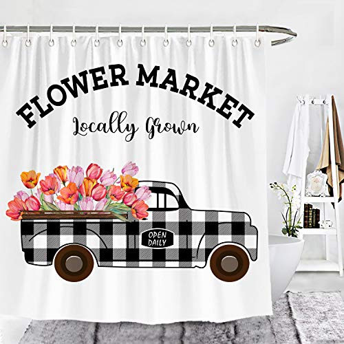 Wencal Spring Flower Buffalo Check Plaid Tulip Market Truck Shower Curtain Open Daily Locally Grown Farmhouse Bathroom Decor 72 x 72 Inches Wencal Spring Flower Buffalo Check Plaid Tulip Market Truck Shower Curtain Open Daily Locally Grown Farmhouse Bathroom Decor 72 x 72 Inches