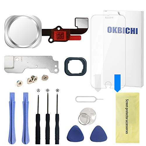 OKBICHI Home Button for iPhone 6/6 Plus(White) Main Key Flex Cable Assembly Replacement - Repair Tools with Screen Protector