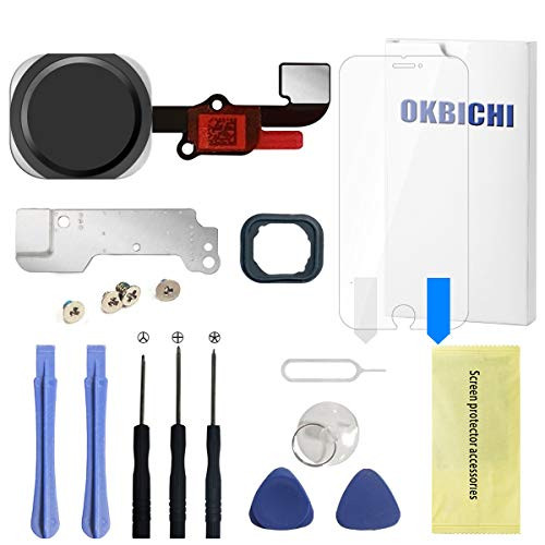 OKBICHI Home Button for iPhone 6/6 Plus(Black) Main Key Flex Cable Assembly Replacement - Repair Tools with Screen Protector