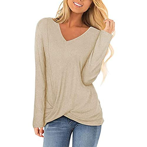 Women Twist Knot Tops Long Sleeve Shirt Fall Winter V Neck Tunic Top Casual Blouse (Beige, Large) Women Twist Knot Tops Long Sleeve Shirt Fall Winter V Neck Tunic Top Casual Blouse (Beige, Large)