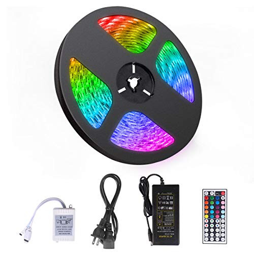 Led Strip Lights 16.4ft 5m with 44 Keys IR Remote and 12V Power Supply Flexible Color Changing 5050 RGB 300 LEDs Light Strips Kit for Home, DIY Decoration