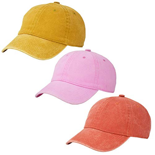 3 Pack Vintage Washed Adjustable Cotton Baseball Caps Men and Women, Unstructured Low Profile Plain Classic Dad Hat Yellow Pink Orange