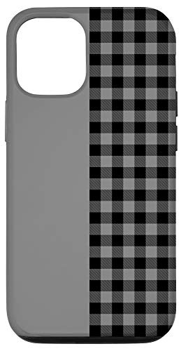 iPhone 12/12 Pro Grey Black Split Plaid Buffalo Check Modern Pin Stripe Case