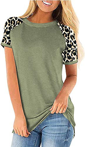 HARHAY Women's Leopard Print Color Block Tunic Round Neck Short Sleeve Shirts Striped Causal Blouses Tops Leopard/Olive Green L