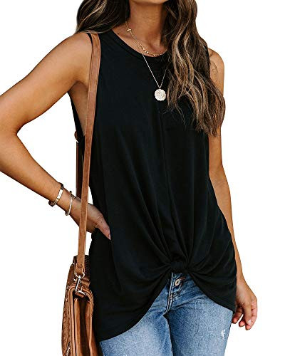 GOORY Women's Casual Sleeveless Tank Tops Summer Basic Round Neck Twist Knot T Shirt Tunic Top, Black L