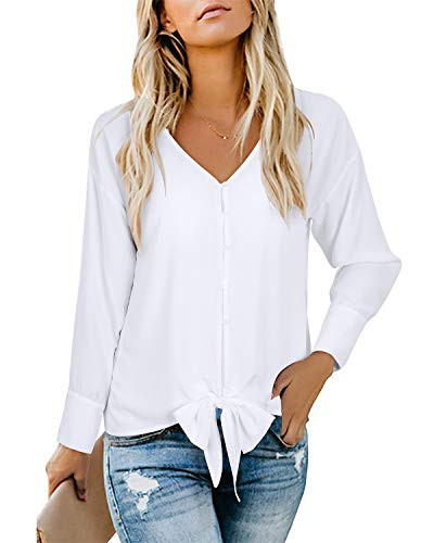 OUGES Women Button Front Shirts Casual V Neck Tops Long Sleeve Blouse with Tie(Withe,L)