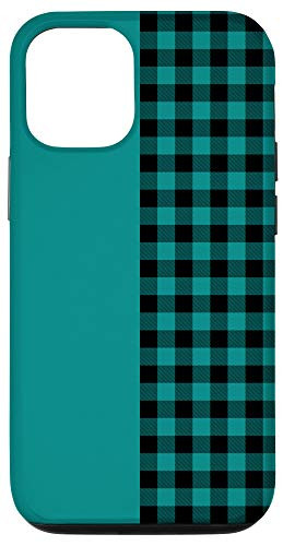 iPhone 12/12 Pro Fun Teal Black Split Plaid Buffalo Check Modern Pin Stripe Case