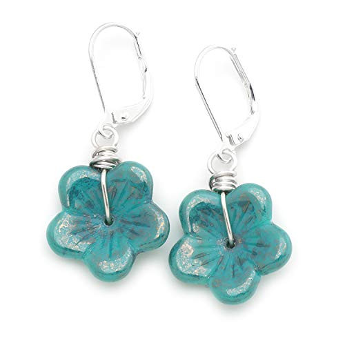 Blue Flower Czech Glass Wire-wrapped Drop Silver Tone Lever-back Earrings 1.4 Inches Blue Flower Czech Glass Wire-wrapped Drop Silver Tone Lever-back Earrings 1.4 Inches