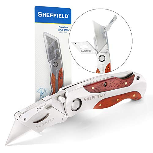 Sheffield 12115 Ultimate Lock Back Utility Knife, Folding, Box Cutter Knife, Carpet Knife, Drywall Cutter, and More, Quick-Change Blade, Back Lock Design, Aluminum  and  Wood Handle