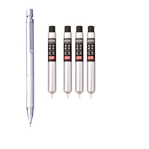 0.5 MM Low Center Of Gravity Automatic Mechanical Pencil, Metal Texture Pen (Silver) +4 Boxes Of 0.5MM Lead