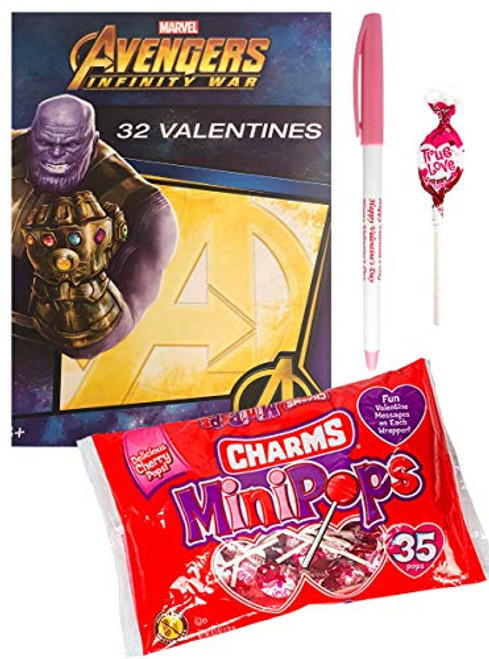 Avengers 32 Valentines Cards with Charms Lollipops Minipops and Happy Valentine's Pen Classroom Exchange Bundle for 32 Kids