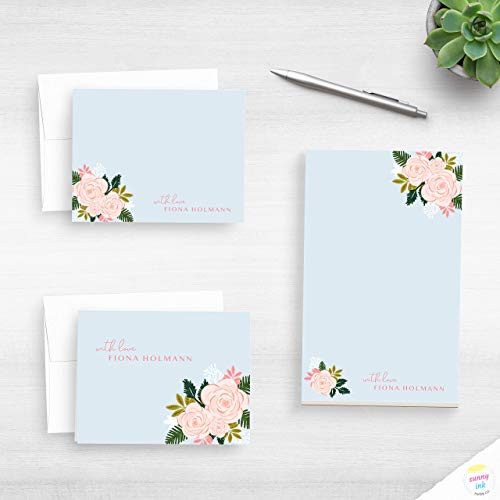 Personalized Floral Stationery - Peony Flowers Stationery Set - Pretty Writing Paper - Note Cards And Notepad Set