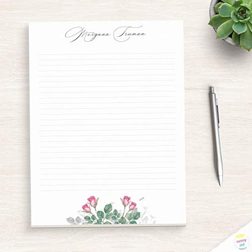 Personalized Stationery Notepad - Custom Writing Paper - Floral Notepad - Rose Flower Desk Pad - 5X8 Or 8X10 Notepad