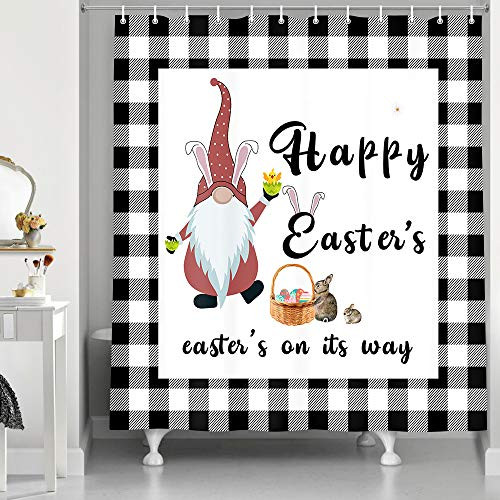 Funny Easter Gnome Shower Curtains Easter Rabbit Cute Spring Bathroom Decor Set, Vintage Farmhouse White and Black Buffalo Plaids Check Shower Curtain Set, Cloth Shower Curtain, 69x70 Inches