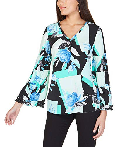 Alfani Womens Black Printed Long Sleeve V Neck Blouse Top Size L