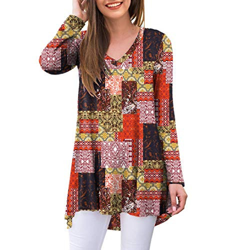 AWULIFFAN Women's Fall Long Sleeve V-Neck T-Shirt Tunic Tops Blouse Shirts (Flower Multiple Orange,X-Large)