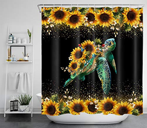 ECOTOB Sea Turtle Sunflower Shower Curtain for Bathroom, Rustic Farmhouse Yellow Sunflowers Ocean Animal Turtle on Black Background Fabric Bathroom Decor Set with Shower Curtain Hooks, 72x72 Inch