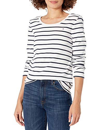 Tommy Hilfiger Women's Long Sleeve Scoop Neck Tee, White/Sky Captain, X-Large