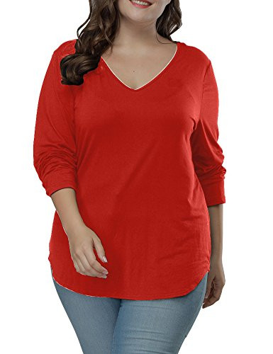 Allegrace Women's Plus Size T Shirts Long Sleeve Asymmetric Hem Casual Tee Tops Orange Red 3X