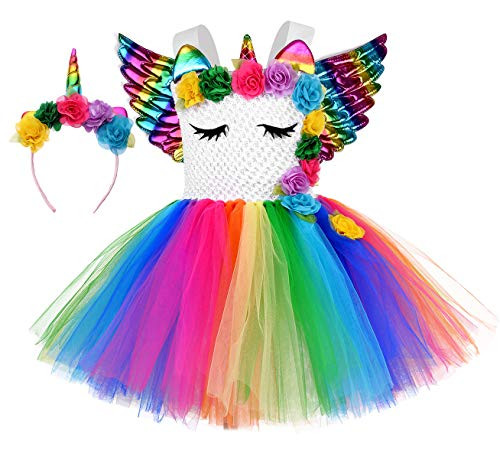 Tutu Dreams Baby Unicorn Costume 1st Birthday Halloween Outfits Rainbow Tutu with Wings Headband (Rainbow, 1-2T)