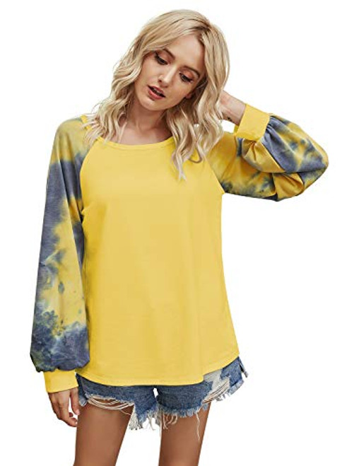 Women's Casual Tie Dye Long Sleeve Shirts O Neck Loose Pullover Sweatshirt Crewneck Oversized Tops (Yellow,XL)