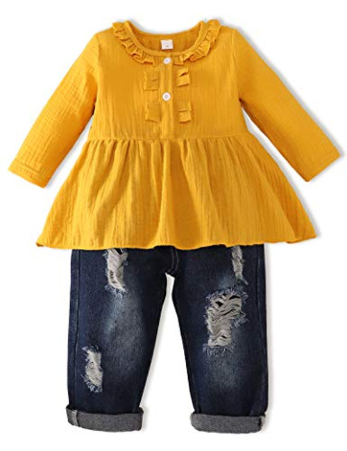 Esobrerie Toddler Baby Girl Outfits Long Sleeve Linen Shirt Cute Ripped Jeans Kids Denim Pants Set Winter Clothes 4-5T Yellow