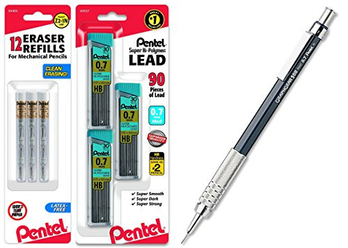 Pentel GraphGear 500 Automatic Drafting Pencil, Blue, with 0.7mm Refill and Z21 Eraser Refills (Bundle)
