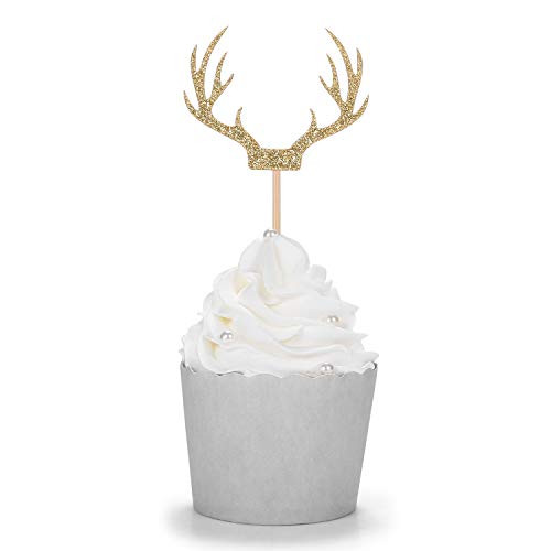24 Counts Gold Deer Antler Cupcake Toppers Picks For Wedding Birthday Baby Shower Party Decorations Supplies