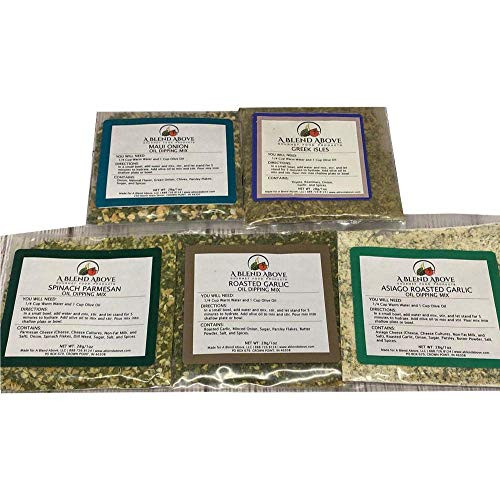 A Blend Above Olive Oil Dipping Mix, Best Sellers - Maui Onion, Greek Isles, Spinach Parmesan, Roasted Garlic, Asiago Roasted Garlic A Blend Above Olive Oil Dipping Mix, Best Sellers - Maui Onion, Greek Isles, Spinach Parmesan, Roasted Garlic, Asiago Roasted Garlic
