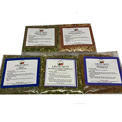A Blend Above Olive Oil Dip Mix, Best Sellers - Roasted Garlic, Tomato Black Olive, Pesto, Balsamic Spinach Parmesan, and Bruschetta A Blend Above Olive Oil Dip Mix, Best Sellers - Roasted Garlic, Tomato Black Olive, Pesto, Balsamic Spinach Parmesan, and Bruschetta