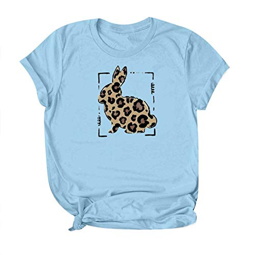 Dosoop Women Fashion Casual O-Neck Easter Bunny Leopard Plaid Print Short Sleeve T-Shirt Top Blouses