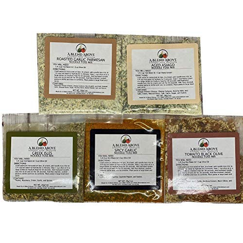A Blend Above Pasta Mix, Noodle Toss Mix, Best Sellers - Roasted Garlic Parmesan, Aged Asiago, Greek Isles, Spicy Garlic, Tomato Black Olive A Blend Above Pasta Mix, Noodle Toss Mix, Best Sellers - Roasted Garlic Parmesan, Aged Asiago, Greek Isles, Spicy Garlic, Tomato Black Olive