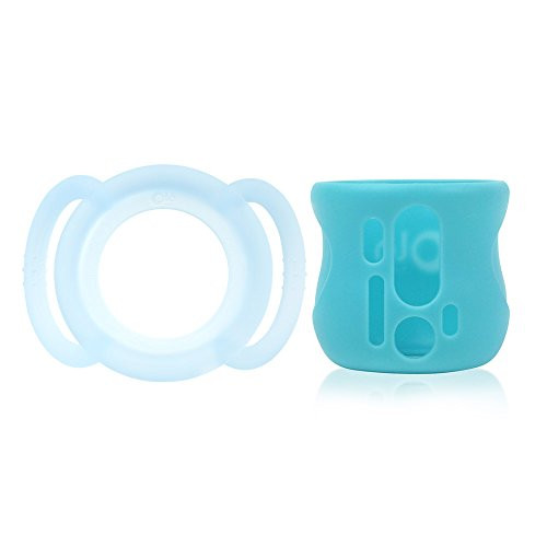 Olababy Silicone Sleeve for Avent Natural Glass Bottles (4 oz, Blue) plus Teether Handle