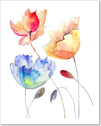 Beautiful Summer Flowers, Watercolor Illustration Paper Print Wall Art (10in. x 8in.)