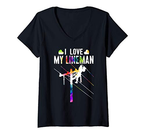Womens I Love My Lineman Electric Cable Lineman Wife Mom Gift V-Neck T-Shirt